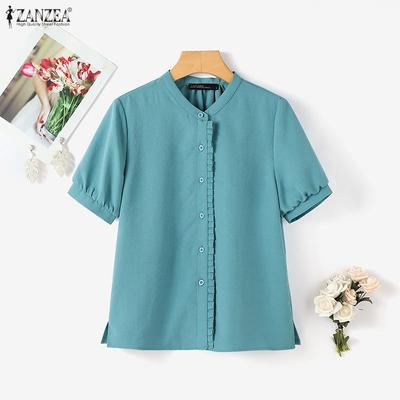 Women Casual Round Neck Solid Color Short Sleeve Blouse