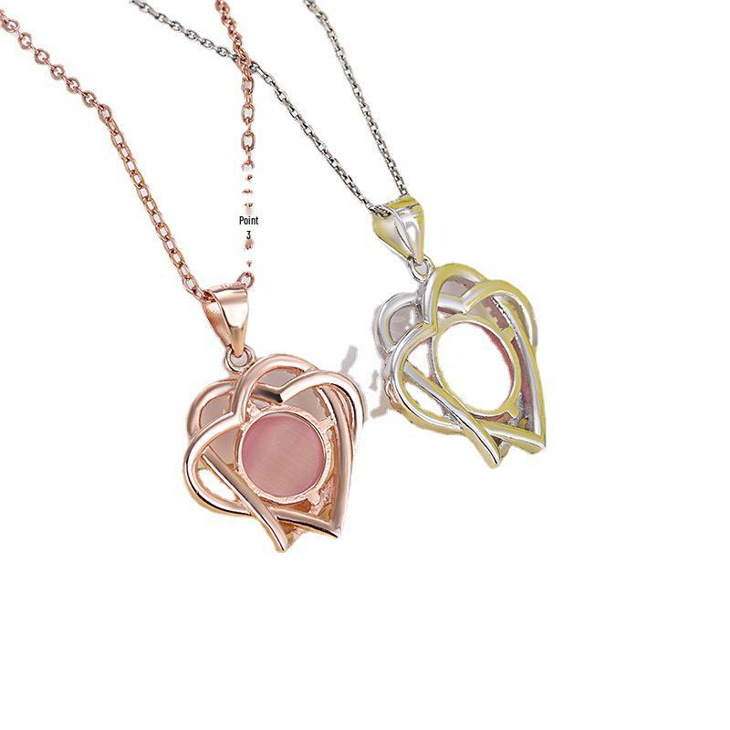 Damen Doppelherz Mikro-Eingefasste Silberanhänger-Halskette mit Imitat Rosenquarz und Morganit