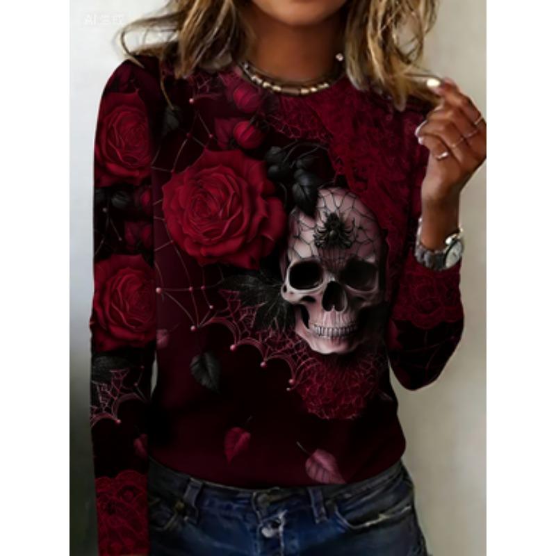 (Halloween neuer Stil) Rundhals-T-Shirt mit Totenkopf-Blumen-Print und langen Ärmeln