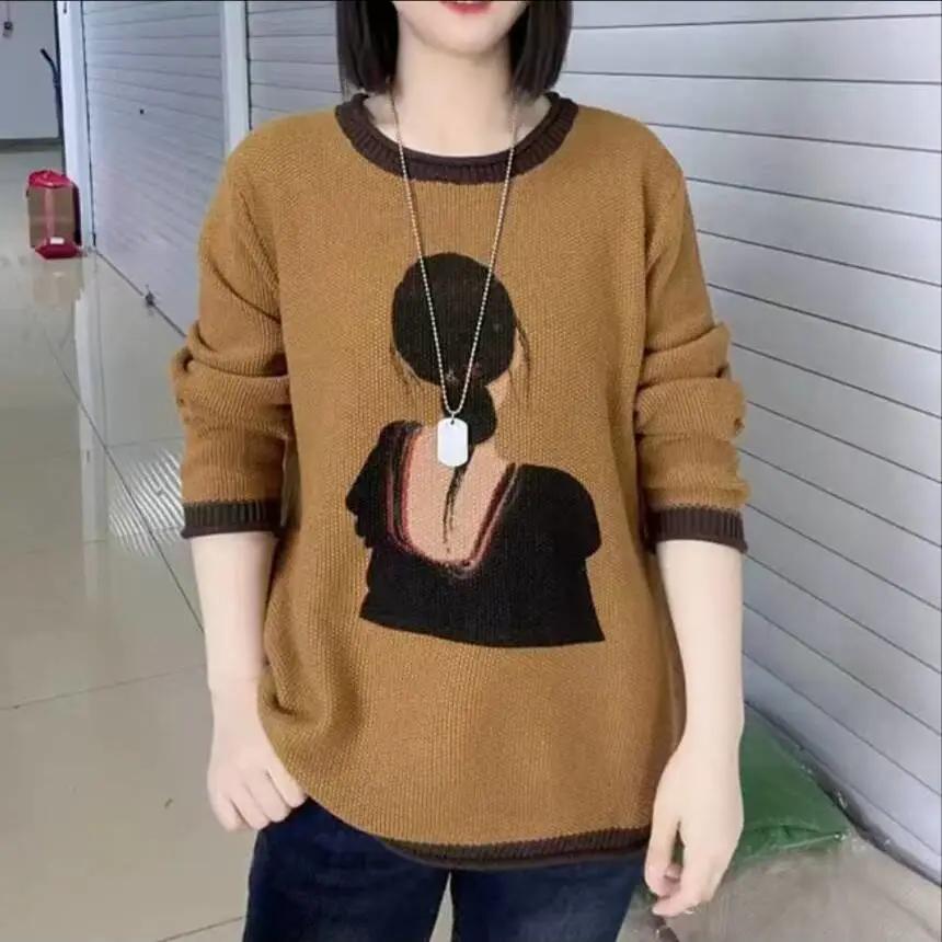 Women's Autumn  Printed Sweater Round Neck Long Sleeve Loose Versatile Knitted Sweater Fashionable Top