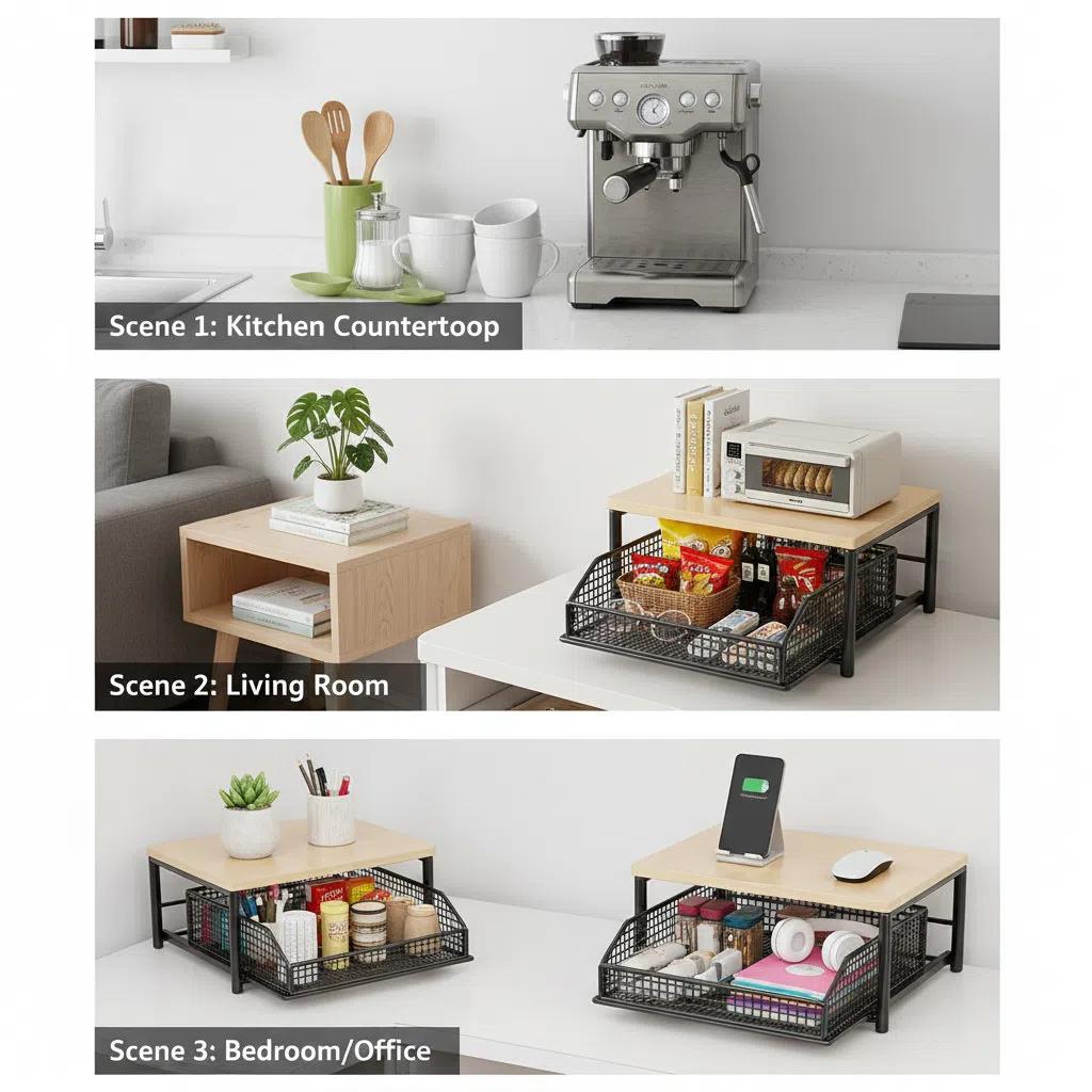 Modern Desktop Storage Rack, Wood & Metal Space Saving Shelf for Office, Pull-Out Mesh Basket Organizer for Coffee Pods, Tea