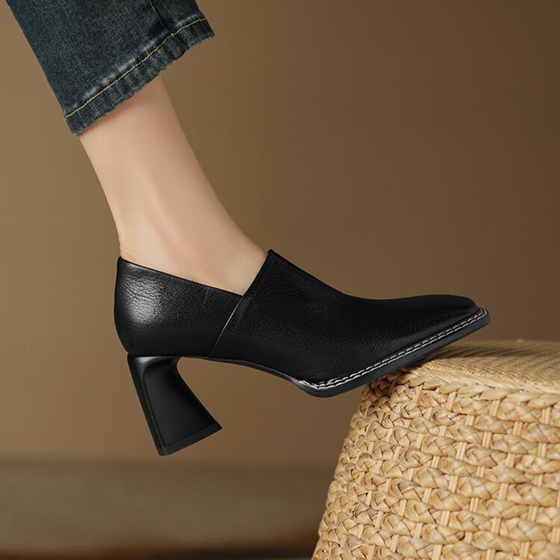 Fashion NEW Spring/Autumn Women Pumps Square Toe Chunky Heel Shoes Split Leather Shoes for Women Concise Slip-on High Heel Handmade Shoe