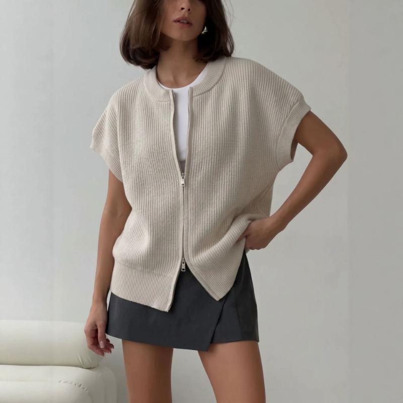 Western Style Double Zipper Knit Vest Women Loose Elegant Cardigan