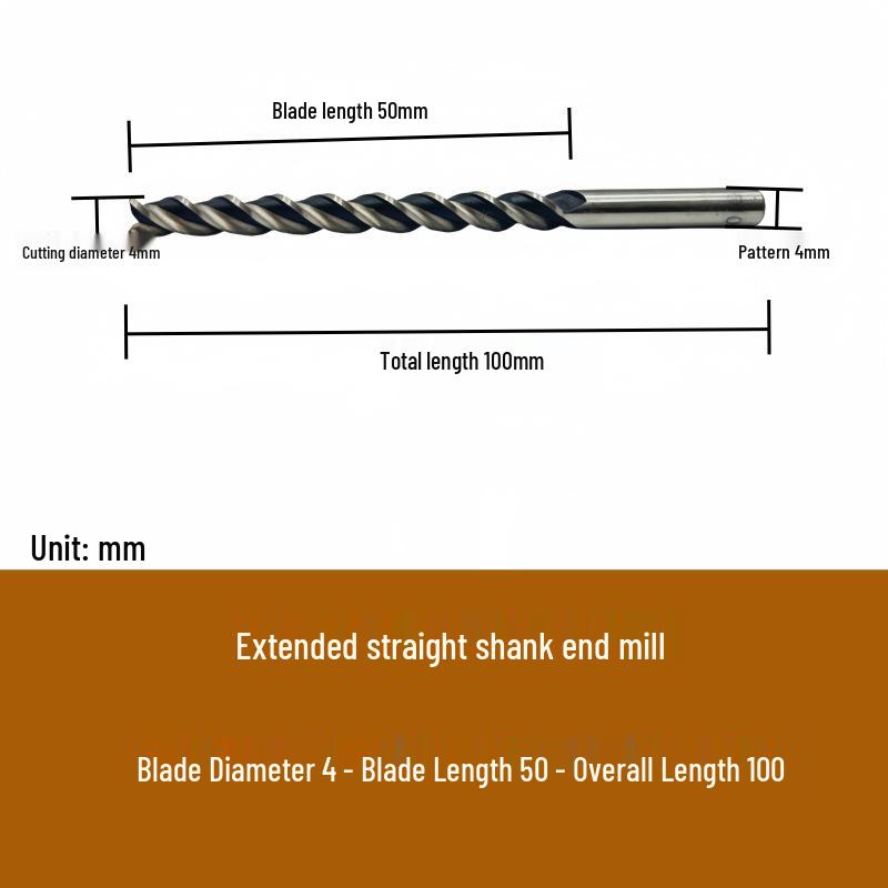 High-Speed Steel Extended Straight Shank Three-Flute End Mill, 2.5-10mm, White Steel