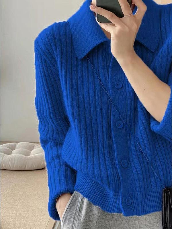 Chic Women's Ribbed Wool POLO Collar Short-Sleeve Knit Cardigan - Autumn/Winter Petite Outerwear.