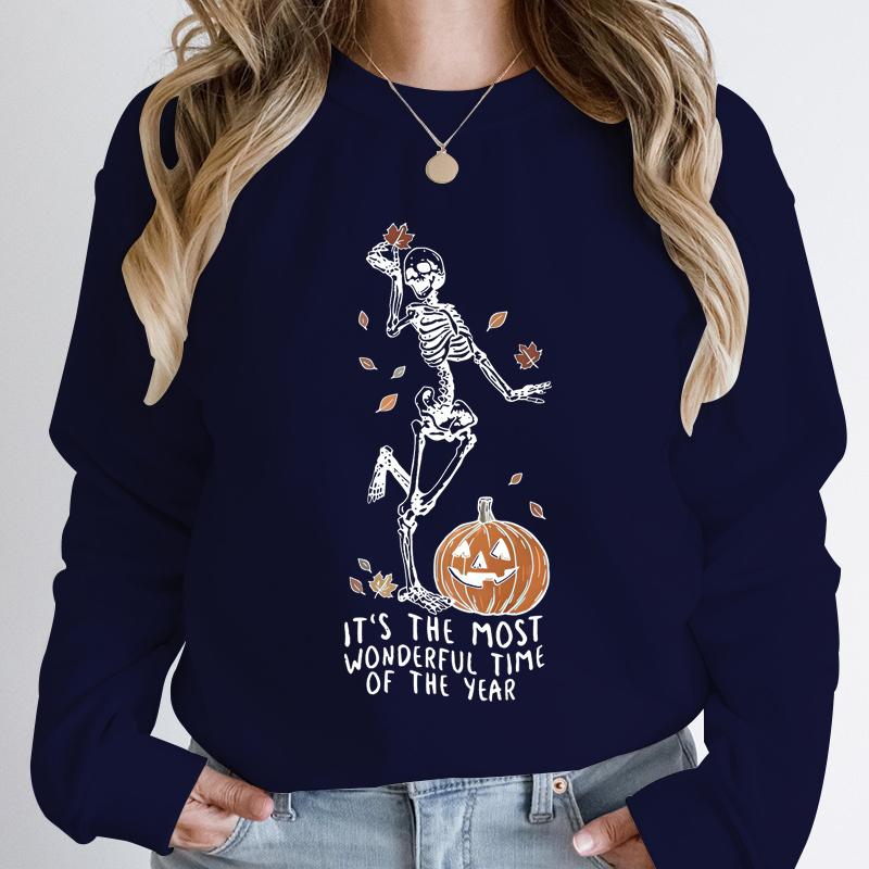 

Halloween Skeleton & Pumpkin Print Sweatshirts Casual Long Sleeve Crew Neck Sweatshirt Women s Clothing 8XL