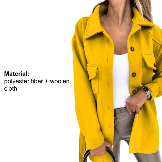 Turn-down Collar Women Coat Single Breasted Autumn Winter Flap Pockets Warm Woolen Coat Outerwear