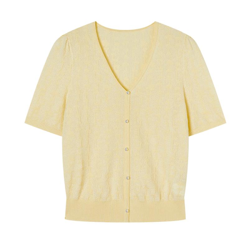 Xiangying Women s V-Neck Jacquard Knit Short Sleeve Top S