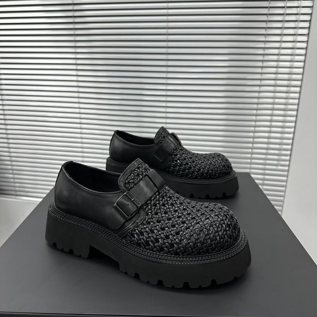 Genuine Leather Men's Shoes 2025 New High-end Woven Hollow Breathable Loafers British Style Platform Trend Big Head Shoes Men