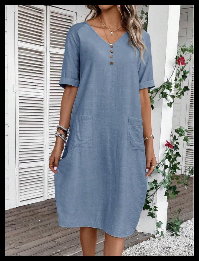Women V Neck Half Button Midi Dress Short Sleeve Linen Cotton Loose Straight Dress With Pockets Casual Summer Vacation Dress