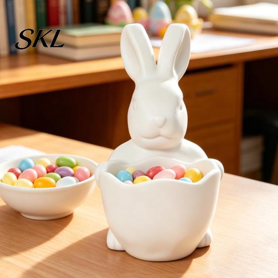 Child-friendly Craft Ornament 3D Printed Easter Bunny Candy Bowl, Cute Rabbit Holding Bowl Figurine, DIY Paintable White Desk Smooth Surface Decor for