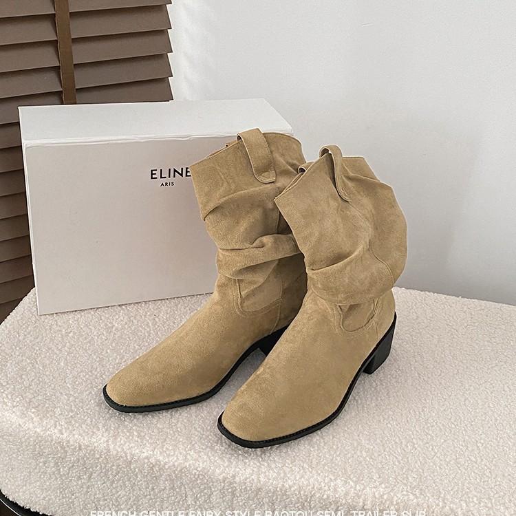 Lan Cabinet Edition~ Frosted Suede V-mouth Western Cowboy Boots Women's Retro Wind Middle Boots High Heel Sleeve Stacking Boots