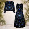 Women Plus Size 2 Piece Printed Dress Set Round Neck Long Sleeve Cardigan Sleeveless Black Blue Dress