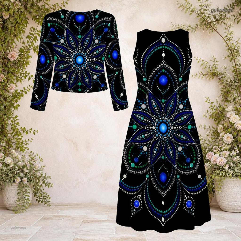Women Plus Size 2 Piece Printed Dress Set Round Neck Long Sleeve Cardigan Sleeveless Black Blue Dress