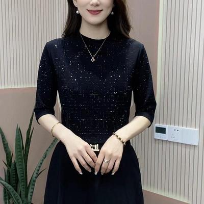 Chemisier élégant en dentelle à col montant mi-haut et manches mi-longues pour femmes: Minceur et Polyvalent, Style d'été Idéal pour un Look Tendance