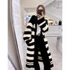 Autumn Lazy Wind Knitted Cardigan Over Knee Coat Autumn and Winter Long V-Neck Striped Contrasting Sweater Jacket Women