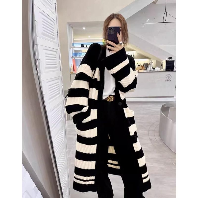 Autumn Lazy Wind Knitted Cardigan Over Knee Coat Autumn and Winter Long V-Neck Striped Contrasting Sweater Jacket Women