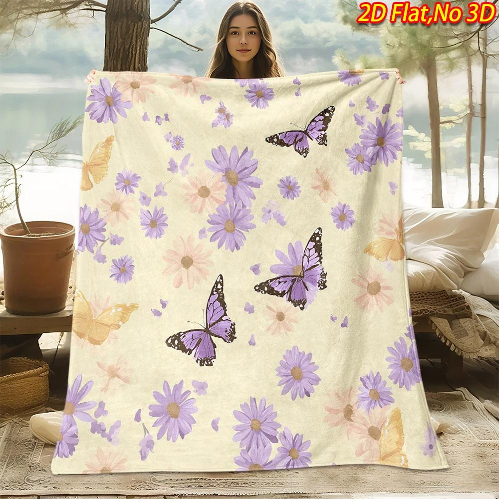 1pc 2D Flat Printing Spring & Summer New Arrival Butterfly and Flower Themed Digital Print Blanket, Suitable for All Seasons, Casual Throw Blanket, 10