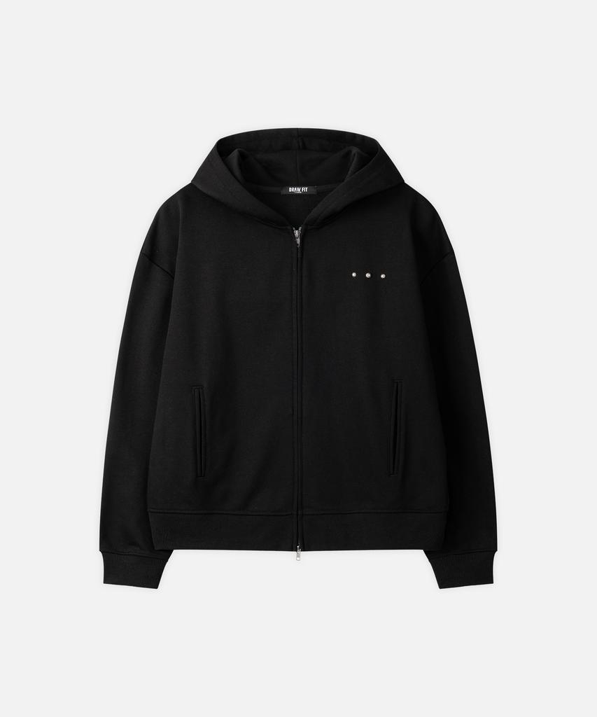 Draw Fit Rivet Point Crop Zip-Up Hoodie [Black]
