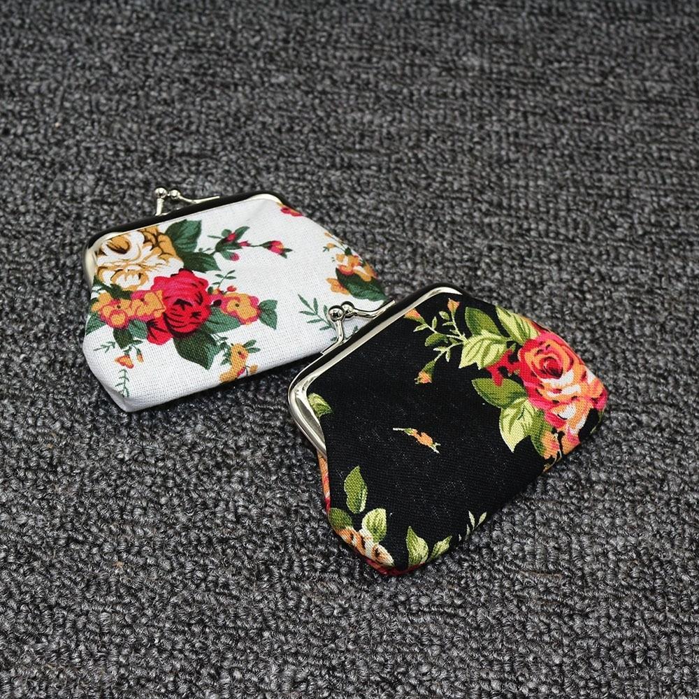 Portable Mini Coin Purse Canvas Rose Floral Print Clutch Wallet Metal Hasp Credit Card Holder for Women