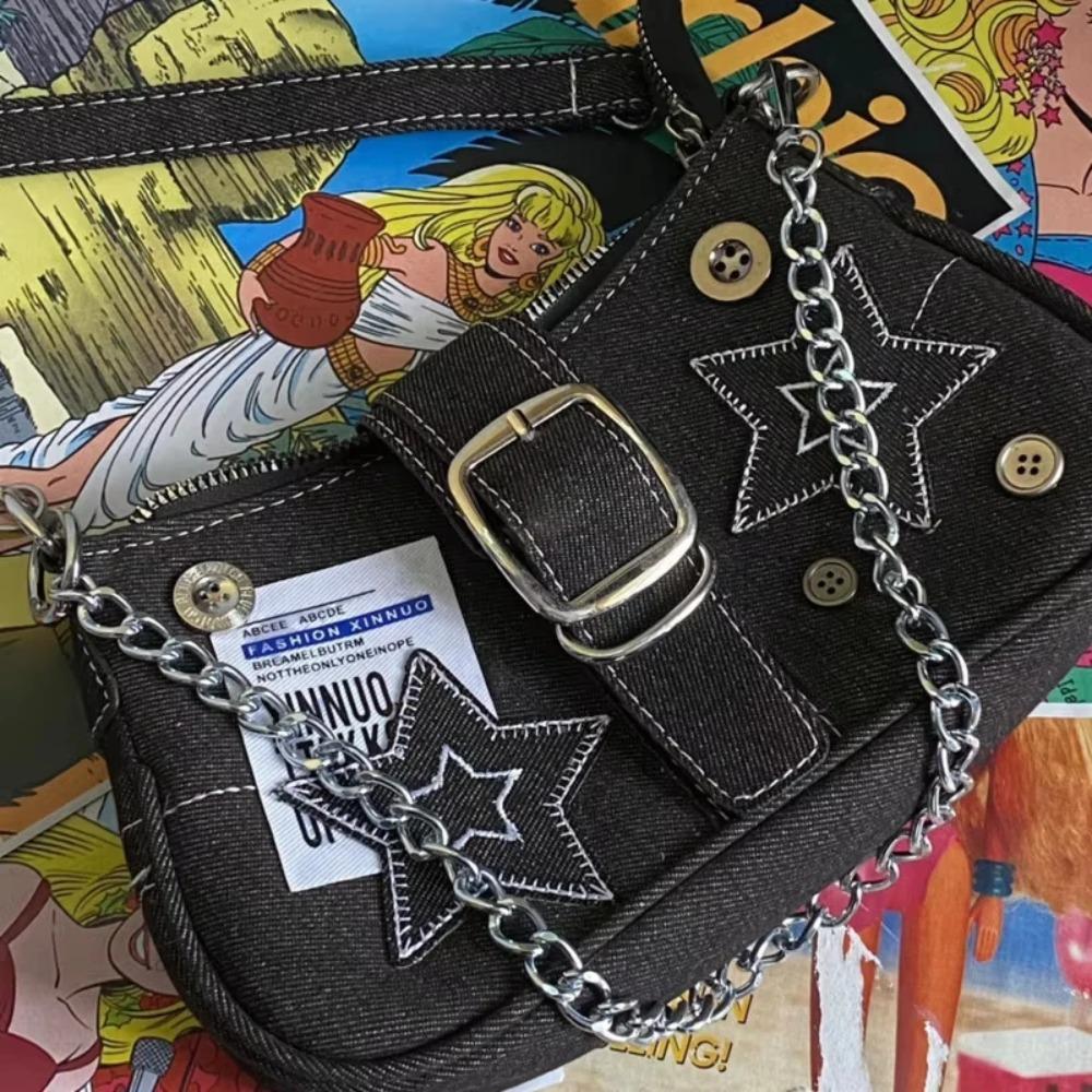Y2k Fashi Women's Handbags Stars Pattern Cool Girls Underarm Bag Vintage Canvas Female Small Shoulder Bags Chain Tote Purses