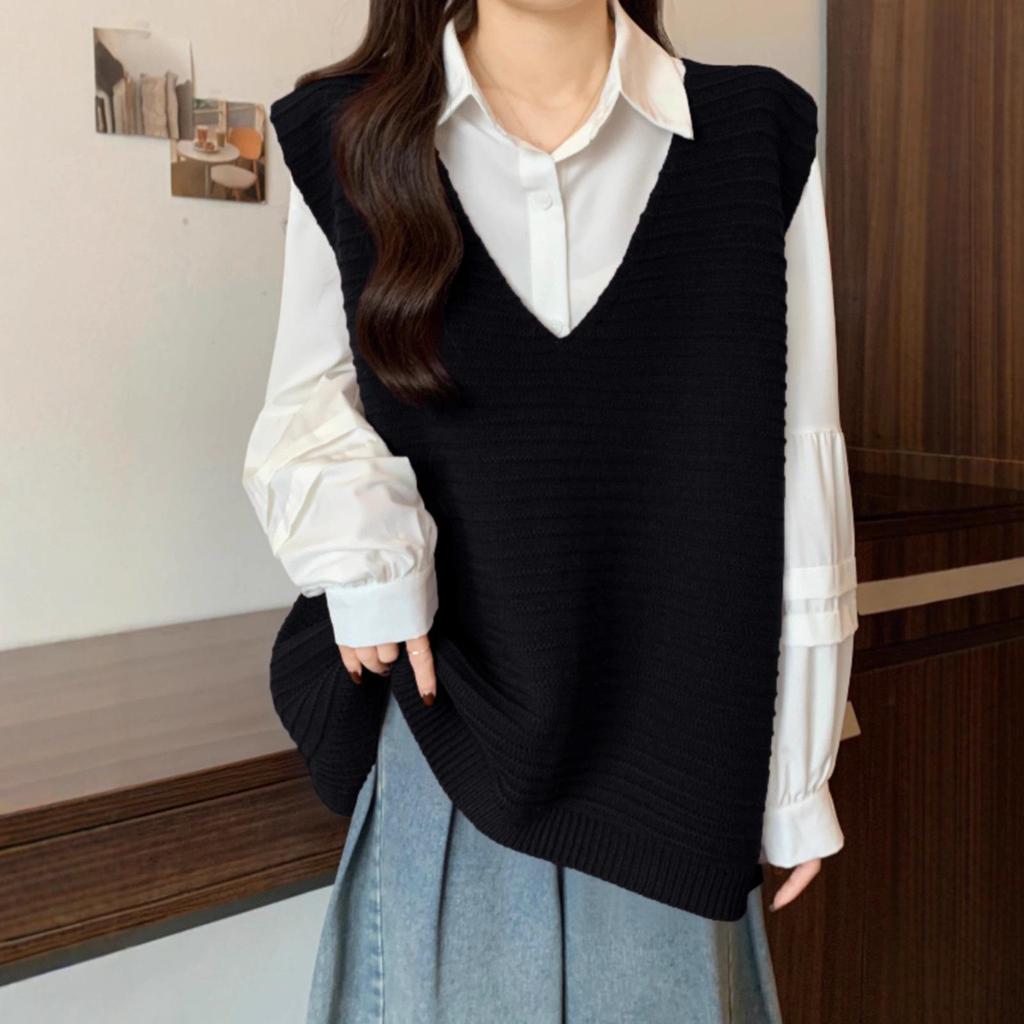 Design Sense Women's V-Neck Knitted Vest: Loose, Plus Size, Striped, Sleeveless Sweater for Autumn and Spring Layering.