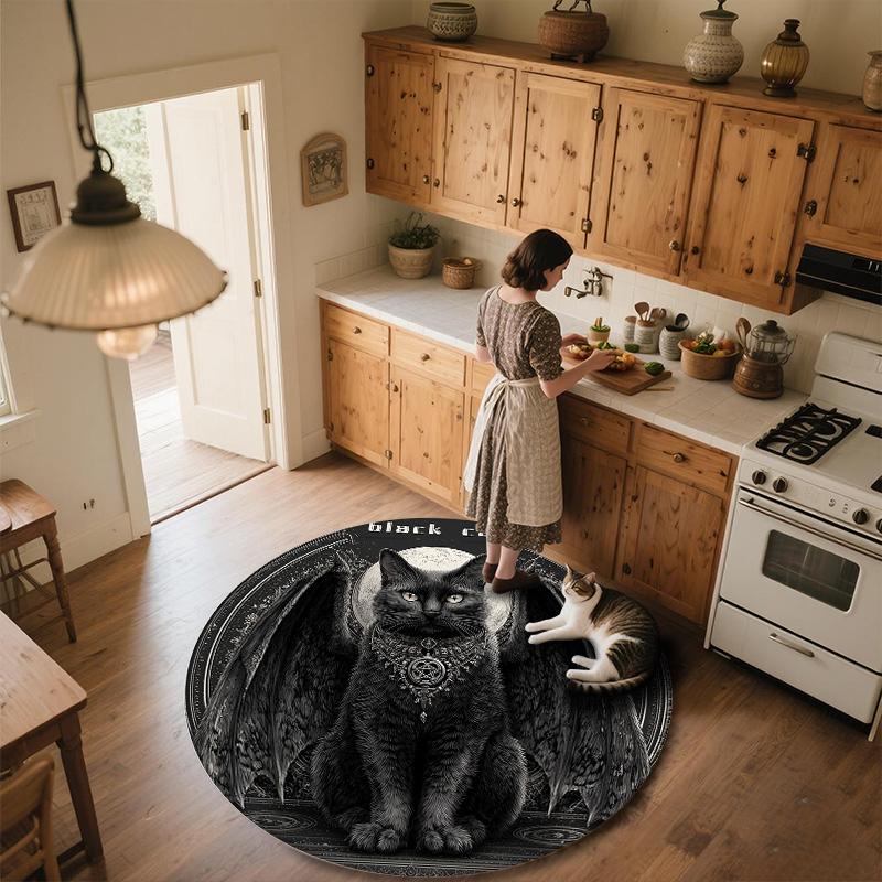 Winged Black Cat,Round Area Rug,Carpet Rug for Living Room Bedroom Sofa Playroom Decor,Non-slip Floor Mat