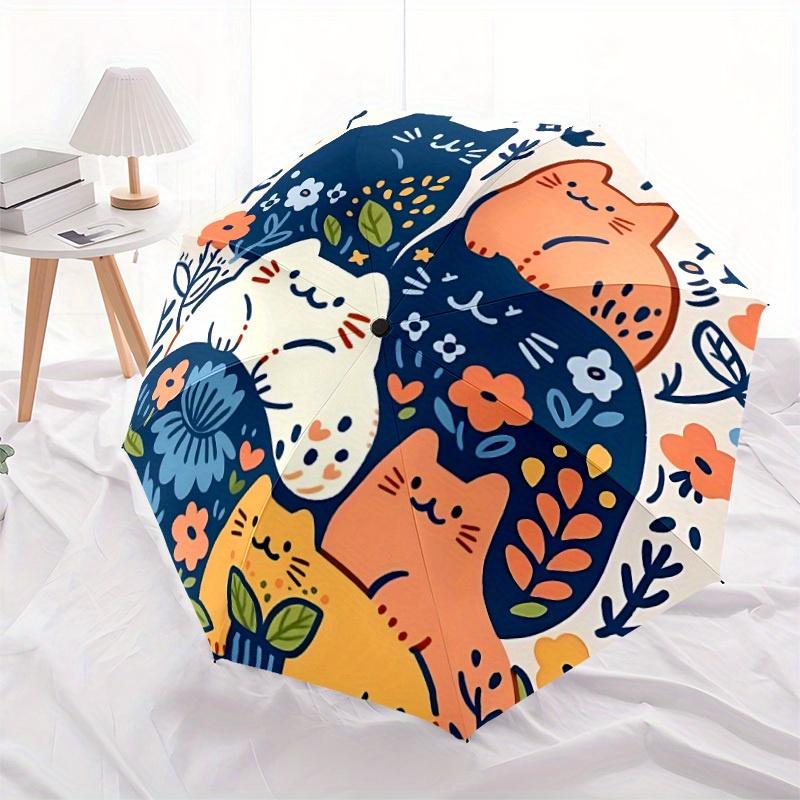 1pc Cats Flowers Automatic Umbrella   Auto Open/Close Folding Umbrella with  8 Rib Frame, 3 Fold Compact Umbrella for Men & Women, 102