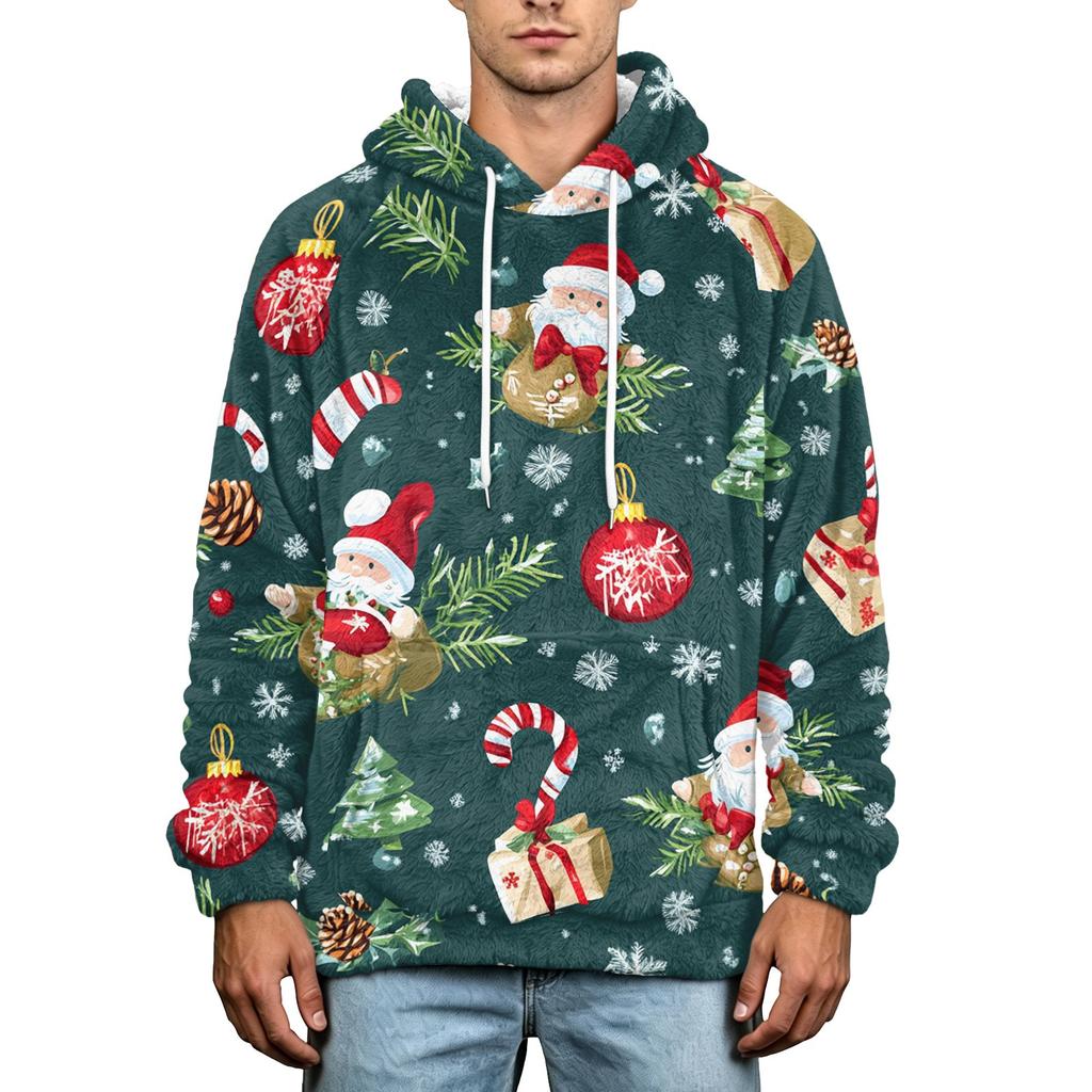 Men's Christmas Print Flannel Hoodie Plus Size Casual Hooded Sweatshirt for Fall and Winter