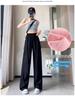 Women's Small Straight Leg Work Pants - Summer Ice Silk, Designer-Style, Elastic High Waist, Wide Leg, Floor-length