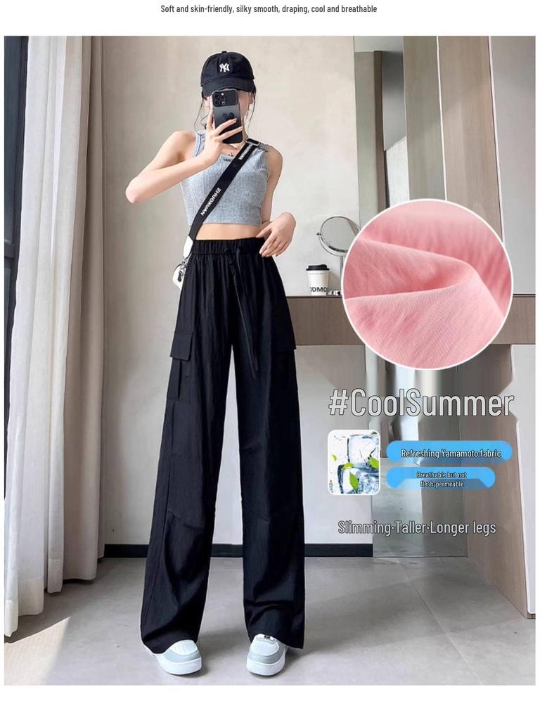 Women's Small Straight Leg Work Pants - Summer Ice Silk, Designer-Style, Elastic High Waist, Wide Leg, Floor-length