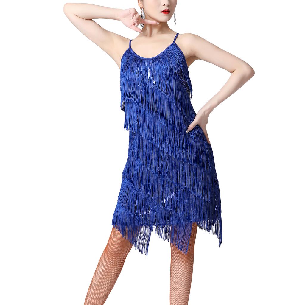 Damen Glitzerndes Pailletten Fransenkleid Samba Tango Lateinischer Tanz Kostüm Verstellbare Spaghettiträger Quastenkleid
