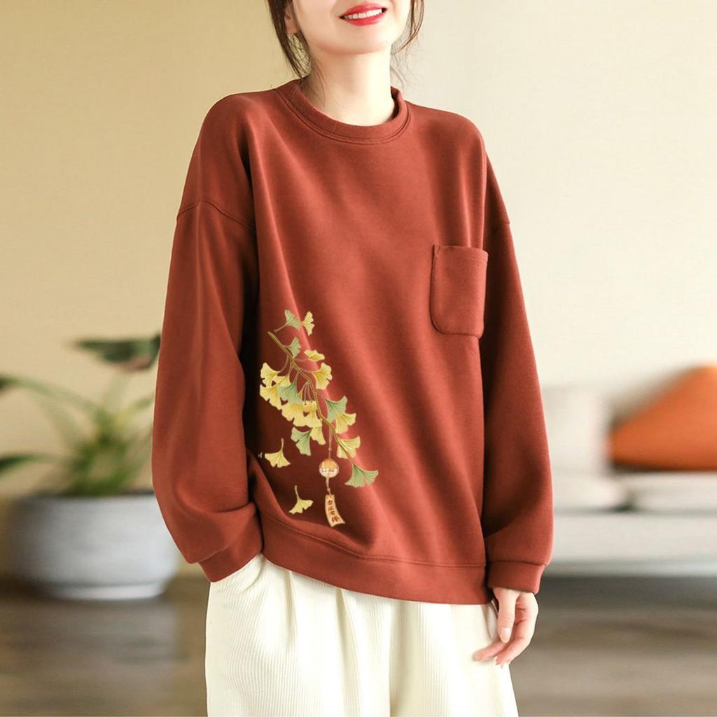 Pullover mit Tasche Sweatshirt Damen Herbst und Winter Neu Literarisch Westlicher Stil Vielseitiges Oberteil