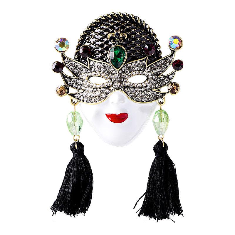 European and American retro queen mask brooch, large crystal, rhinestone, tassel, clothing accessories