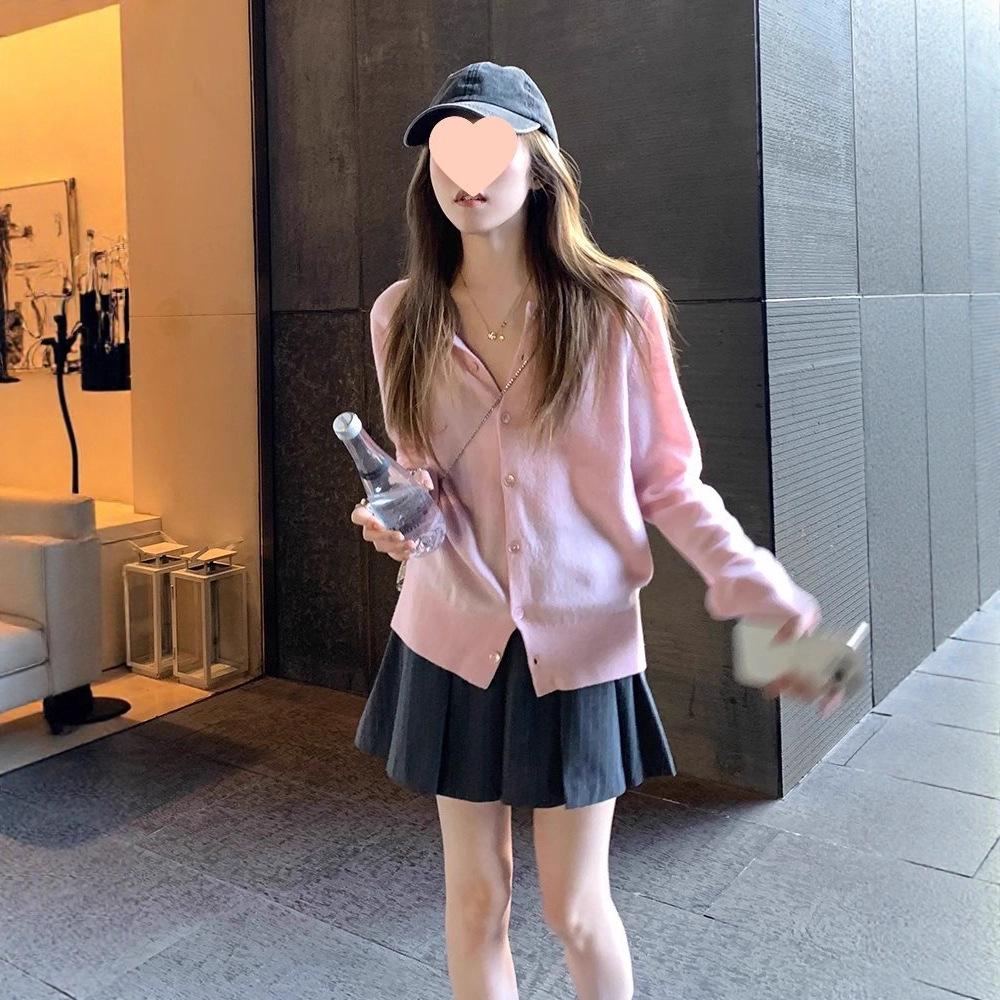 Dámský červený pletený kardigan s dlouhým rukávem Ancola - korejský styl, volný střih pro raný podzim