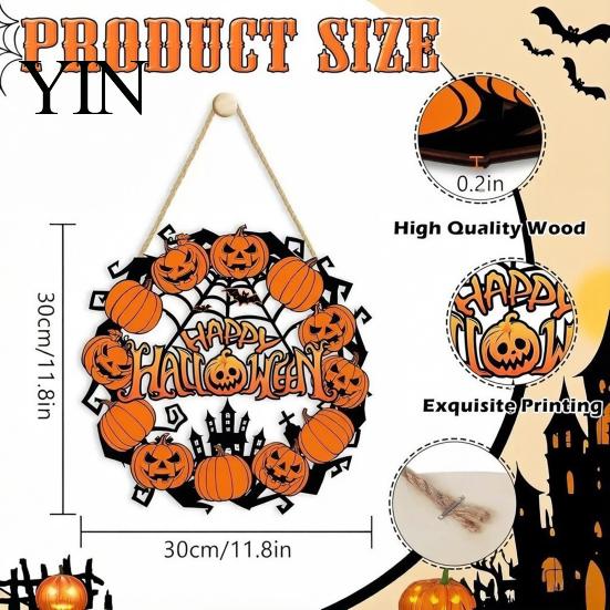 Fall Front Porch Signs Halloween Wooden Wreath Door Hanger Sign, Pumpkin Ghost Black Cat Witch Ornaments Bat Patterns, Hanging Plaque for Farmhouse