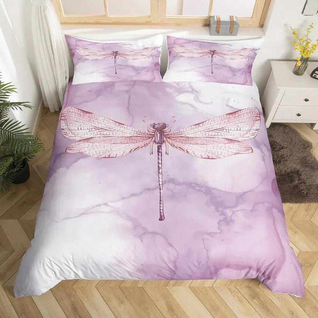 Boho Dragonfly King Queen Duvet Cover Cute Flower Love Heart Bedding Set Watercolor Floral Rustic Style Polyester Quilt Cover