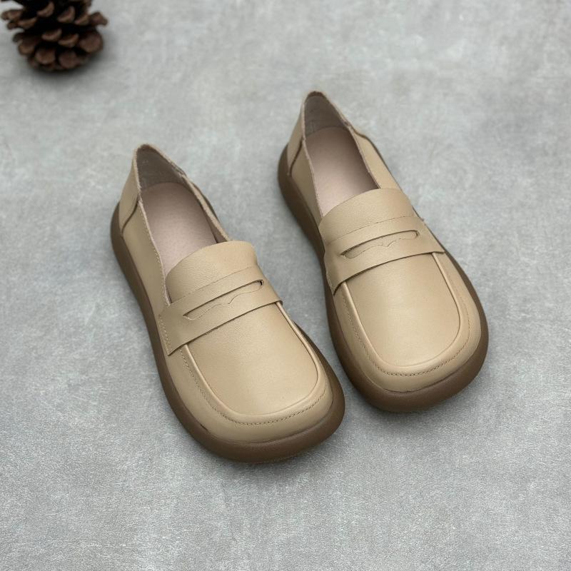Johnature Handmade Genuine Leather Loafers Vintage Round Toe Flat Women's Slip-on Shoes