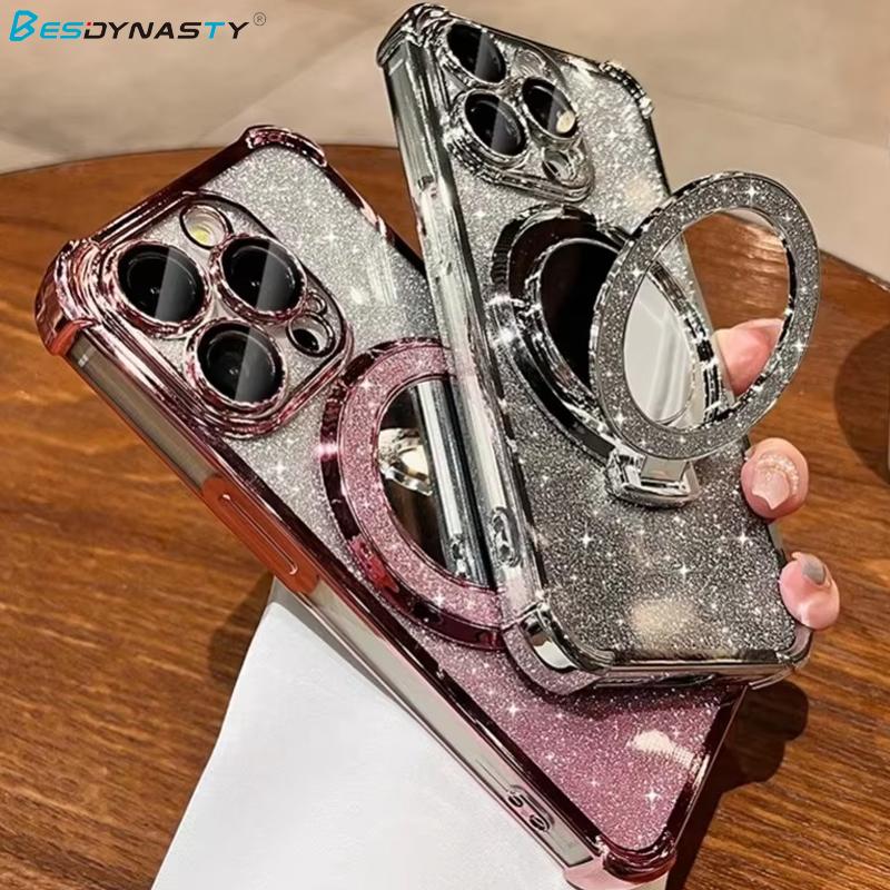 Plating Airbag Glitter Bracket Magsafe Case for iPhone 17 Air 16 15 11 12 13 14 Pro Max Luxury Mirror Cover