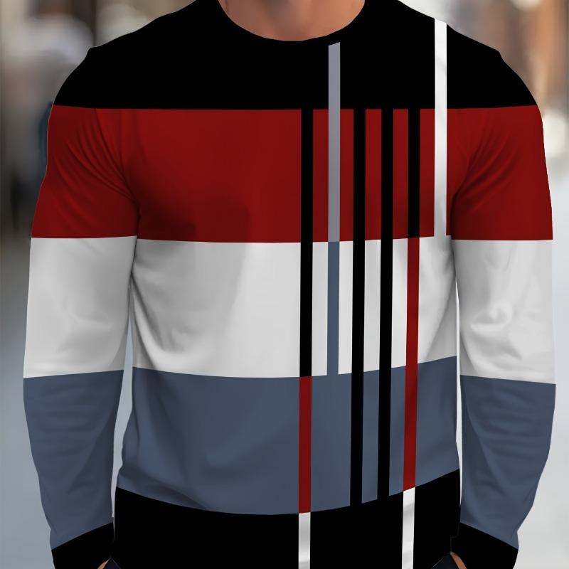 

Мужская повседневная спортивная футболка Летняя дышащая полосатая с геометрическим рисунком с круглым вырезом и длинными рукавами XL