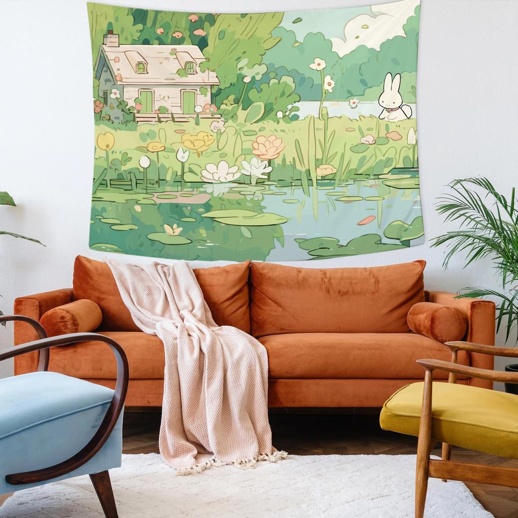 Kawaii Rabbit Wall Tapestry Cartoon Animal Tapestry Cute Green Plant Flower Wall Hangings Bedroom Dorm Decor Birthday Gift