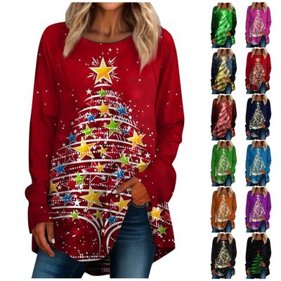 Women's Casual  Plus SizeLong Sleeved Round Neck Christmas Printing T-shirt Top Pullover