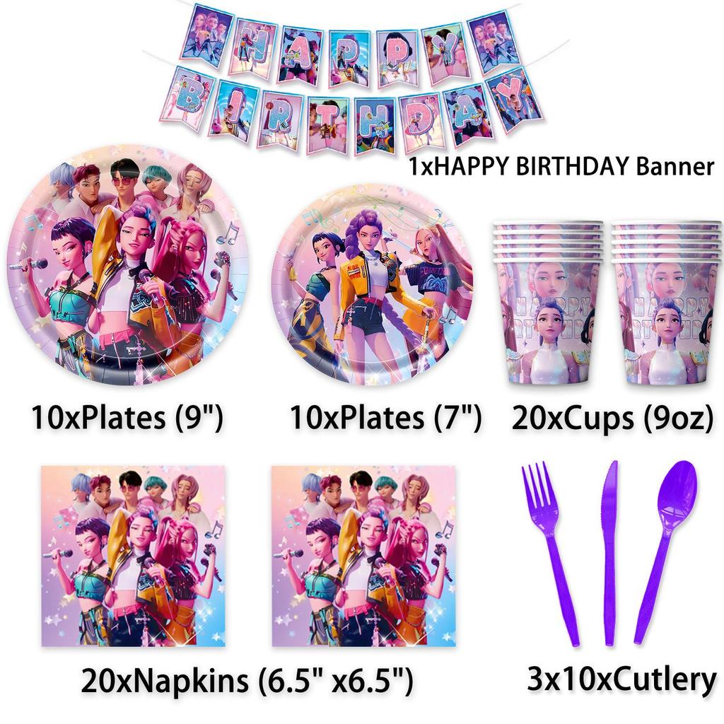 Demon Hunter K-POP Birthday Party Set: Paper Plates, Cups, Tableware, Banner, Flags