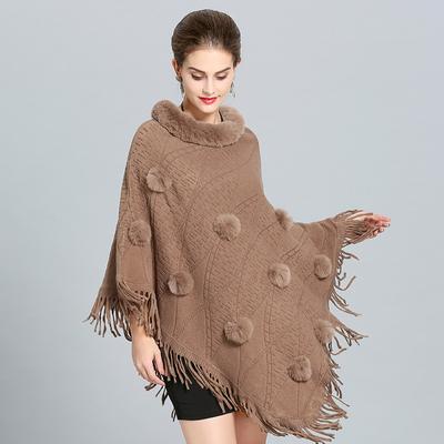 1397 #Fur Collar Knitted Fringed Pullover Cape Shawl Jacket