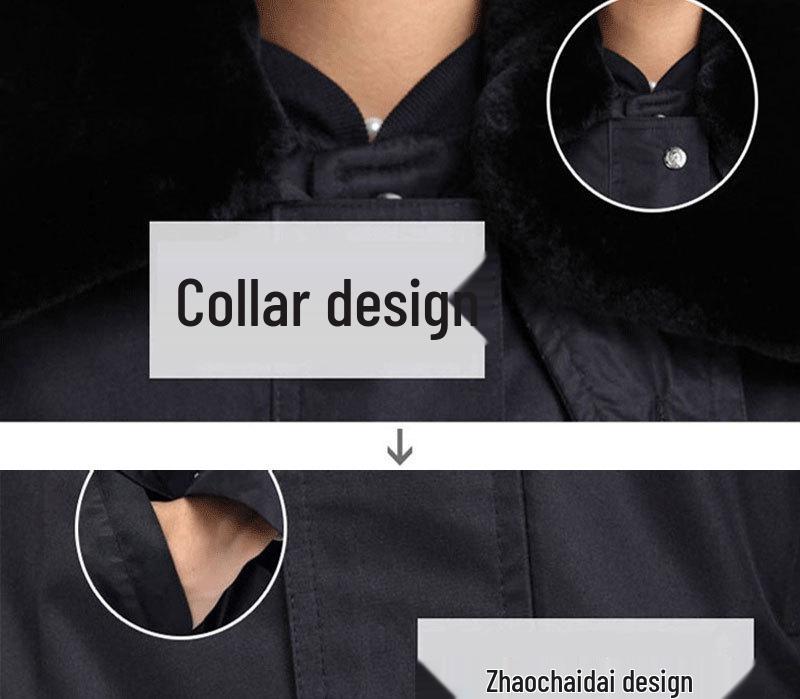 Military-Style Extra Long Reflective Winter Overcoat - Cold-Proof Security Guard Uniform with Cotton Insulation