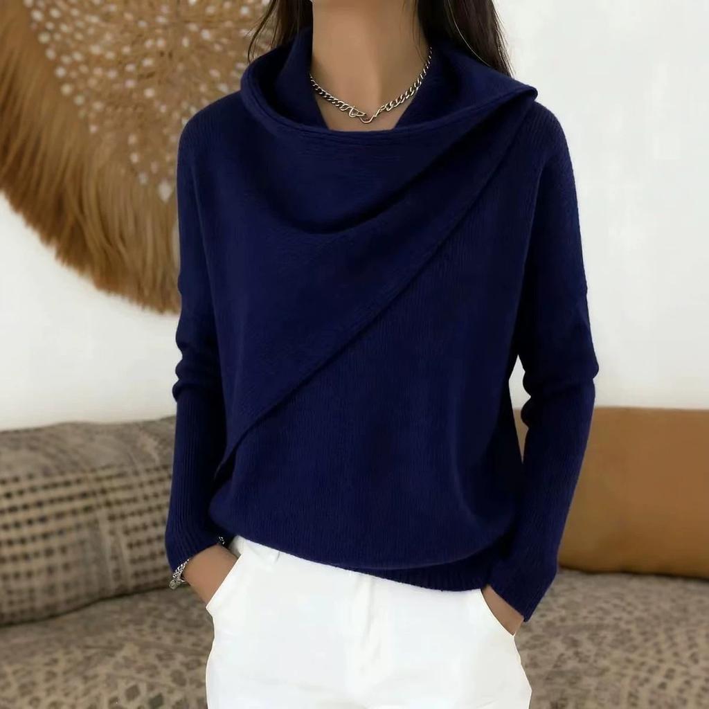 Women Cowl Neck Wrap Sweater Asymmetric Draped Long Sleeve Solid Color Loose Elegant Ladies Autumn Winter Knit Pullover