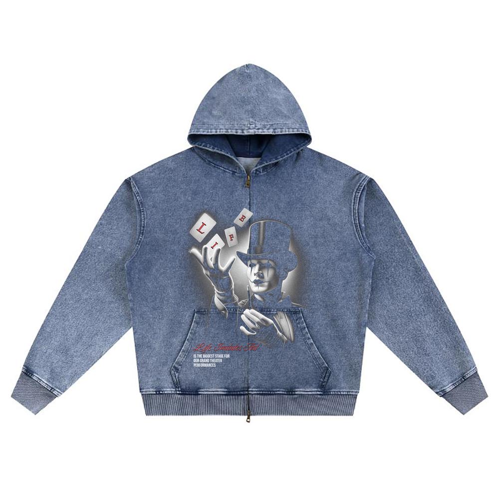 DTG Print Knitted Denim Zip-Up Hoodie Magician Brother Print Zipper Hoodies  