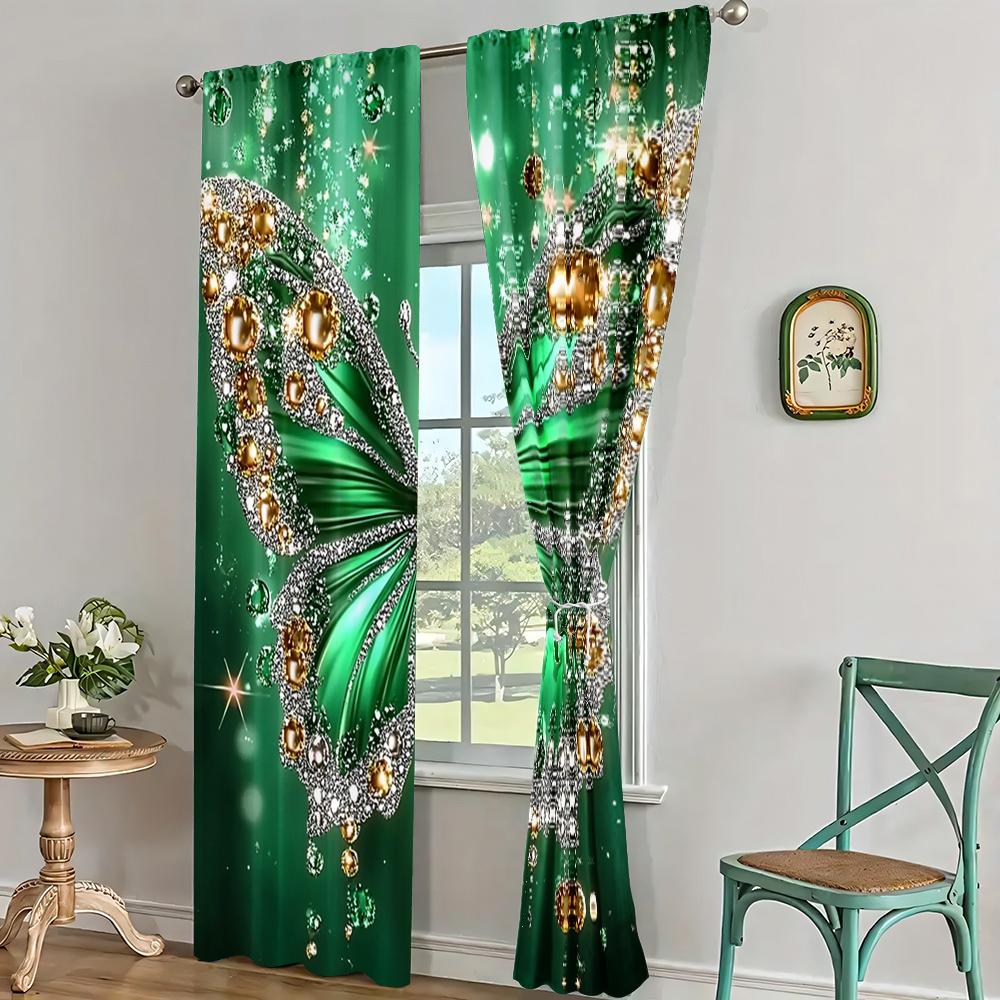 2pc,Curtains  Diamond Pearl Butterfly Machine Washable Fabric,Without Electricity Festive Holiday Suitable for Classroom