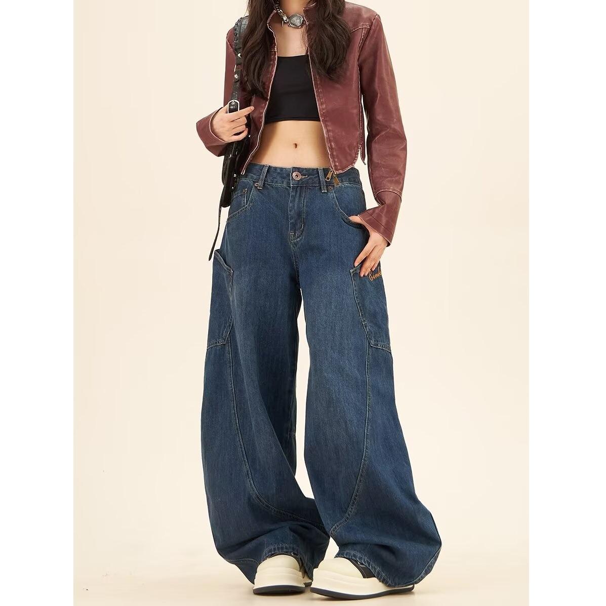 

Женские джинсы-палаццо в американском ретро-стиле с большими карманами - Весенне-осенний уличный дизайн M синий