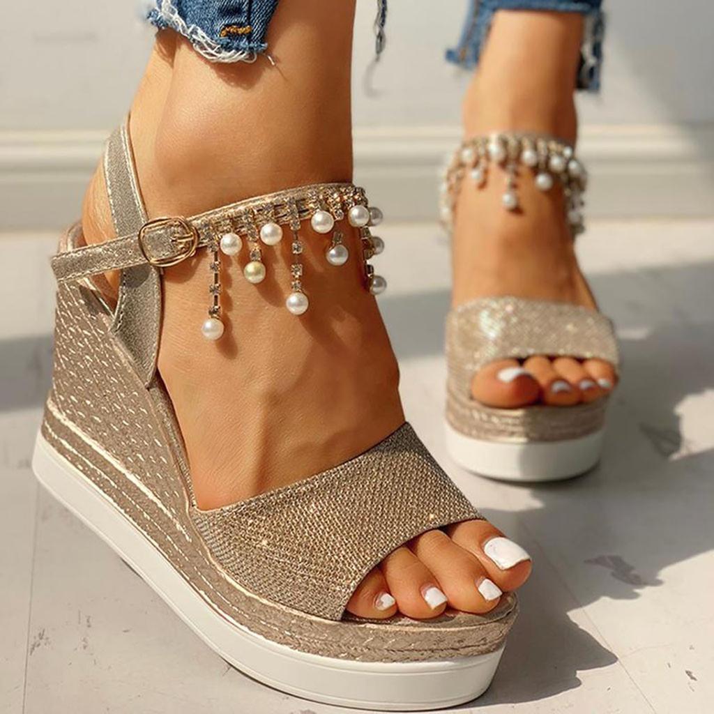 Women Ladies Fashion Wedges Platforms Crystal Pearl High Heels Shoes Sandals